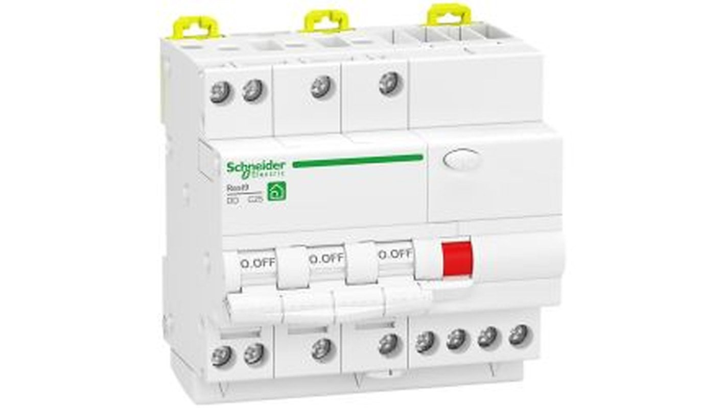 Schneider Electric Residual Current Circuit Breaker with Overload Protection, 20A Current Rating, 3-Pole, 30 mA Trip