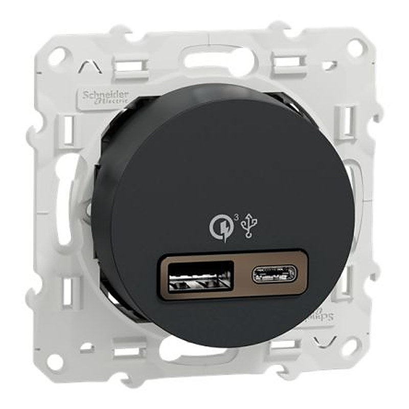 Schneider Electric Odace 2011 Anthracite Plug Socket, 2.4A Indoor, USB Type C, USB Type A