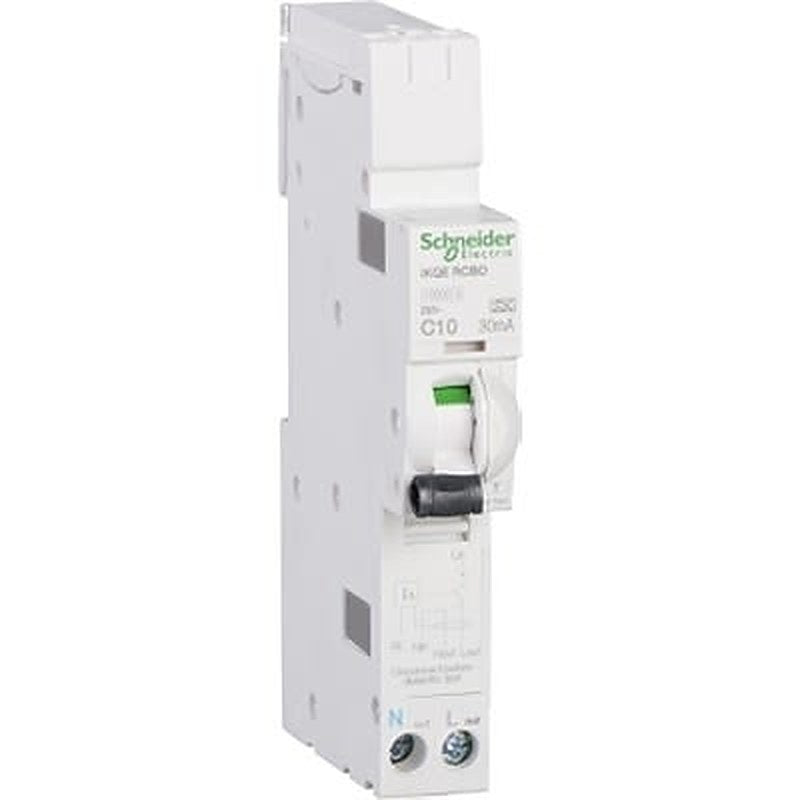Schneider Electric Residual Current Circuit Breaker with Overload Protection, 10A Current Rating, 1-Pole, 30 mA Trip