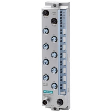 SIMATIC ET 200eco PN, DI 8x 24 V DC, M12-L, 8x M12, single and double assignment, input type 3 (IEC 61131), sink input (PNP, sinking input), input delay 0.05..20 ms, channel diagnostics for: wire break at input, encoder power supply short-circuit, 0.25 ms isochronous mode, prioritized startup, MSI, MRP, S2 redundancy, I&M0...3, multi-fieldbus, PN IO, Ethernet IP, Modbus TCP, degree of protection IP67 / IP69K