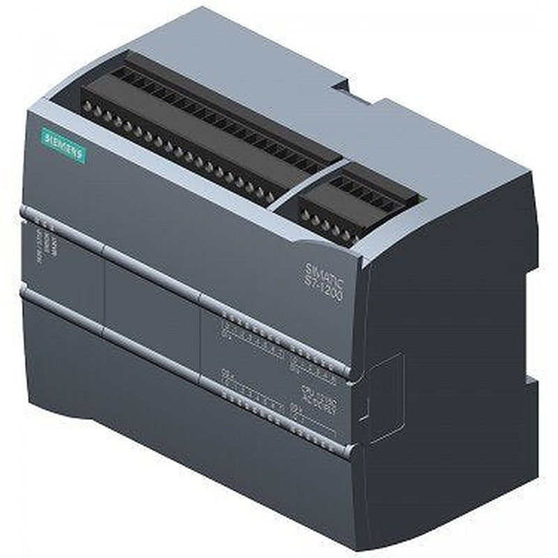 SIMATIC S7-1200, CPU 1215C, compact CPU, AC/DC/relay, 2 PROFINET ports, onboard I/O: 14 DI 24 V DC; 10 DO relay 2 A, 2 AI 0-10 V DC, 2 AO 0-20 mA DC, Power supply: AC 85-264 V AC at 47-63 Hz, Program/data memory 125 KB