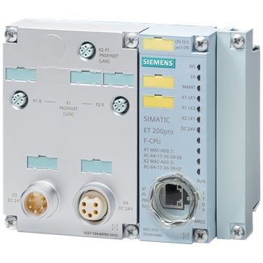 SIMATIC DP, CPU 1513pro F-2 PN for ET 200pro, central processing unit with 450 KB work memory for program and 1.5 MB for data, 1st interface: PROFINET IRT with 3-port switch, 2nd interface: PROFINET RT, 40 ns bit performance, Degree of protection: IP65/67, SIMATIC Memory Card required connection module required