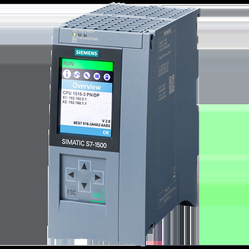 SIMATIC S7-1500, CPU 1516-3 PN/DP, central processing unit with 1 MB work memory for program and 5 MB for data, 1st interface: PROFINET IRT with 2-port switch, 2nd interface: PROFINET RT, 3rd interface: PROFIBUS, 10 ns bit performance, SIMATIC Memory Card required
