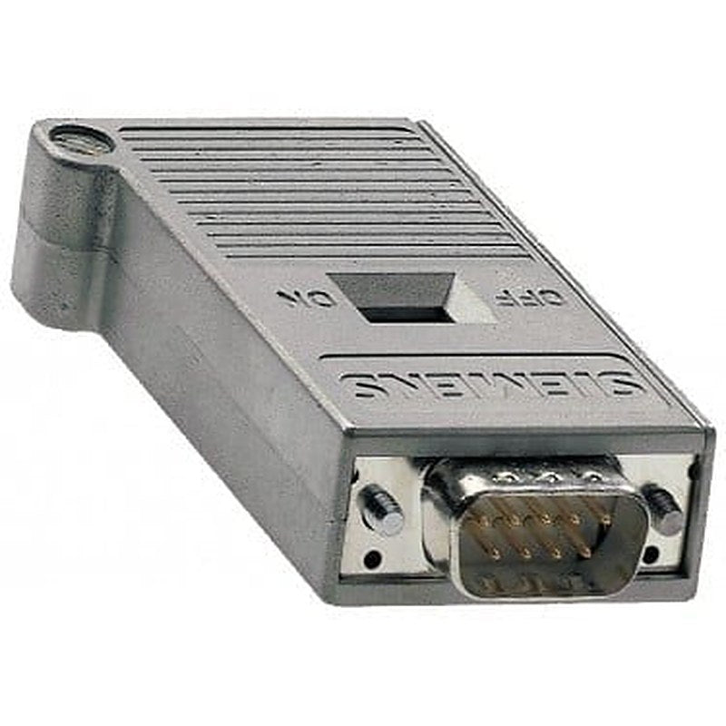 PROFIBUS bus connector with axial cable outlet for Industry PC, SIMATIC OP, OLM; transfer rate 12 Mbit/s; terminating resistor with isolating function, metal enclosure.