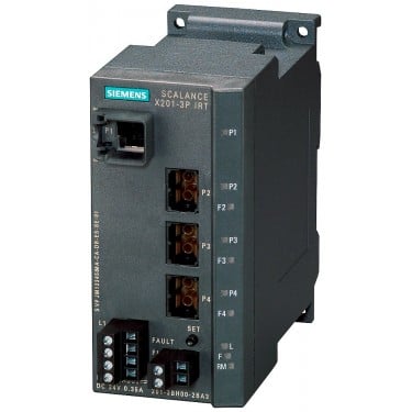 SCALANCE X201-3PIRT managed IE IRT switch, 1x 10/100 Mbit/s RJ45 ports, 3x 100 Mbit/s POF SC RJ ports, Error signaling contact with set pushbutton, Redundant power supply, PROFINET IO device, network management, Redundancy Manager integrated, incl. electron. manual on CD-ROM, C-plug optional.