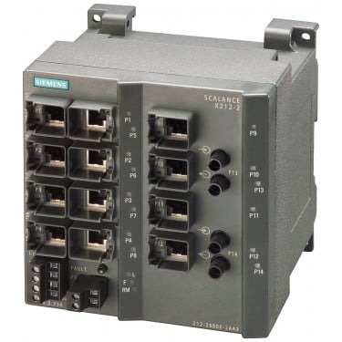 SCALANCE X212-2, managed IE switch, 12x 10/100 Mbit/s RJ45 ports, 2x 100 Mbit/s multimode BFOC, LED diagnostics, error-signaling contact with set pushbutton, redundant power supply, PROFINET IO device, network management, redundancy manager integrated, incl. electron. manual on CD-ROM, C-PLUG optional.