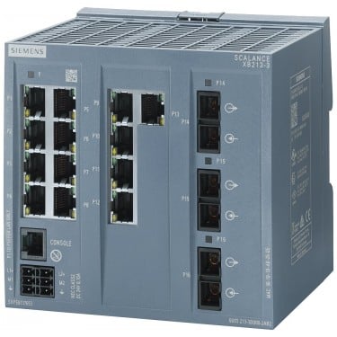 SCALANCE XB213-3 managed Layer 2 IE switch 13x 10/100 Mbit/s RJ45 ports, 3x MM FO SC-port 1x console port, diagnostics LED, redundant power supply, IEC 62443-4-2 certified; temperature range 0 °C to +60 °C; DIN-rail mounting; default PROFINET.