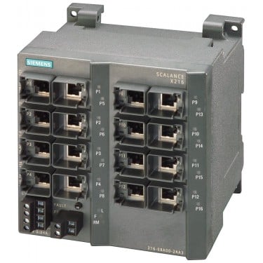 SCALANCE X216, managed IE switch, 16x 10/100 Mbit/s RJ45 ports, LED diagnostics, error-signaling contact with set pushbutton, redundant power supply, PROFINET IO device, network management, redundancy manager integrated, incl. electron. manual on CD-ROM, C-PLUG optional.