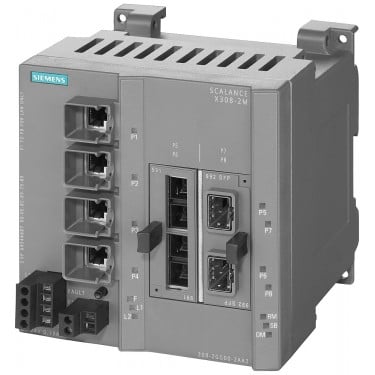 SCALANCE X308-2M; managed IE switch, compact; 4x 10/100/1000 Mbit/s for RJ45 ports electrical; 2x 100/1000 Mbit/s for 2-port media modules, electrical or optical; LED diagnostics; error signaling contact; select/set pushbutton; PROFINET IO device; network management; Integrated redundancy manager; office features (RSTP, VLAN, IGMP,..); C-PLUG in scope of supply.