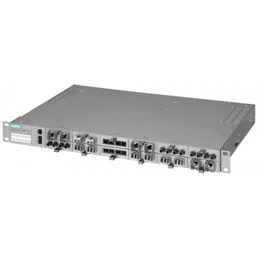 SCALANCE XR324-12M managed IE switch, 19 rack; 12x 100/1000 Mbit/s 2-port media modules, electrical or optical; LED diagnostics; error signaling contact; select/set pushbutton, PROFINET IO device, network management, integrated redundancy manager, office features (RSTP, VLAN, IGMP,..) C-plug in scope of delivery power supply 230 V AC; Ports in the front.