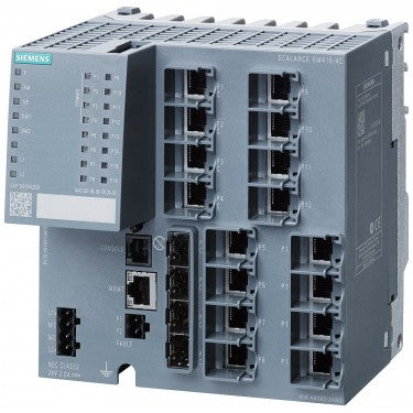 SCALANCE XM416-4C; managed modular IE switch; 16x 10/100/1000 Mbit/s RJ45; 4x 100/1000 Mbit/s SFP; contains 4 combo ports; in total 16 ports can be used; expandable to 24 ports electrical or optical; assembly: DIN rail/S7 mounting rail, PROFINET IO device; redundancy functions; office features (RSTP, VLAN, IGMP,..); C-PLUG in scope of supply; layer 3 with Key-Plug plug available .