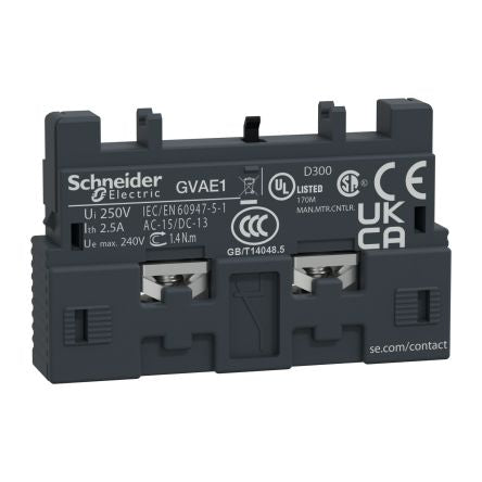 Schneider Electric Auxiliary Contact, 1 Contact, 1 NO/1 NC, TeSys Deca, Front, 2.5 A, 240V ac, GVAE1