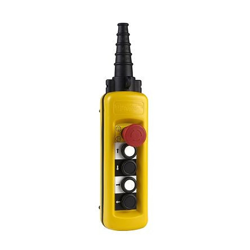 Schneider Electric Slow Break Push Button Control Station - SPDT, Polypropylene, 4 Cutouts, Yellow, Emergency Stop, IP65
