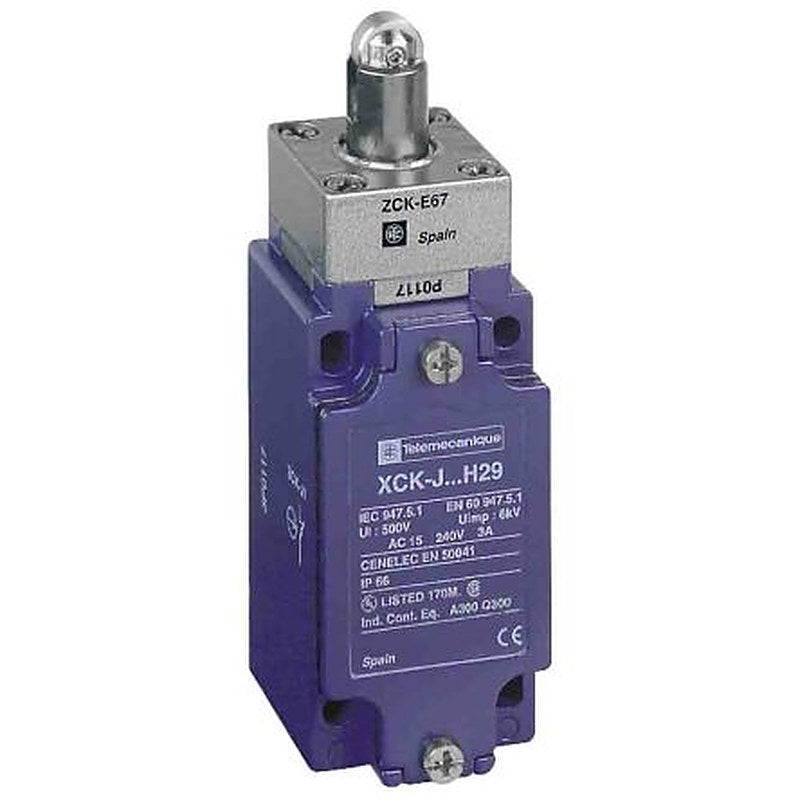 Telemecanique Sensors XCKJ Series Roller Plunger Limit Switch, 1 NO/1 NC, IP66, Zinc Zamak Alloy Housing, 240V ac, 3A