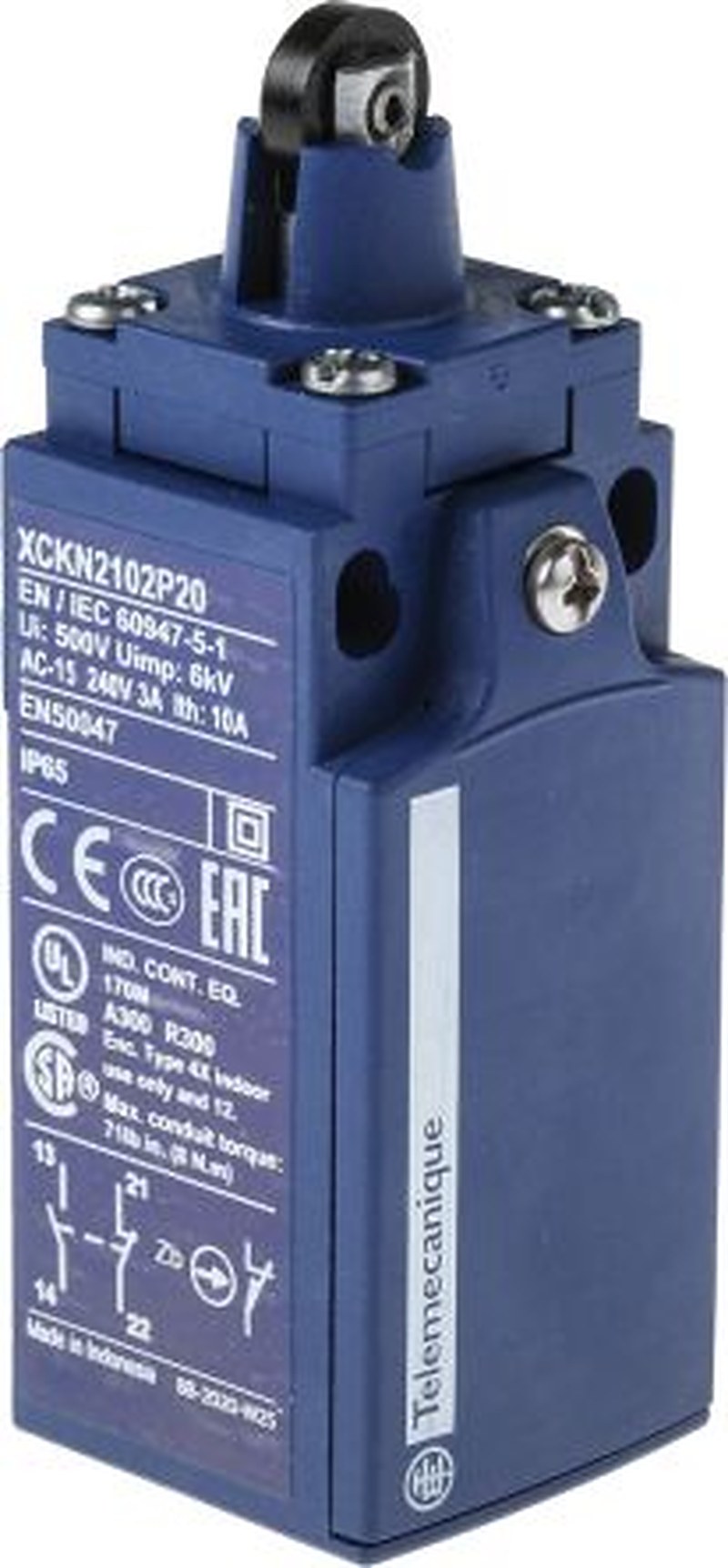 Telemecanique Sensors XCKN Series Roller Plunger Limit Switch, 1 NO/1 NC, IP65, Plastic Housing, 240V ac, 10A