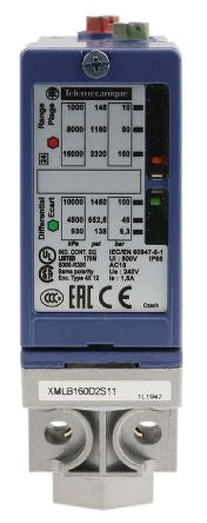 Telemecanique Sensors XMLB Series Pressure Sensor, 2 NC Slow, 0 to 10 V, 1 CO Single Pole Contact Adjustable