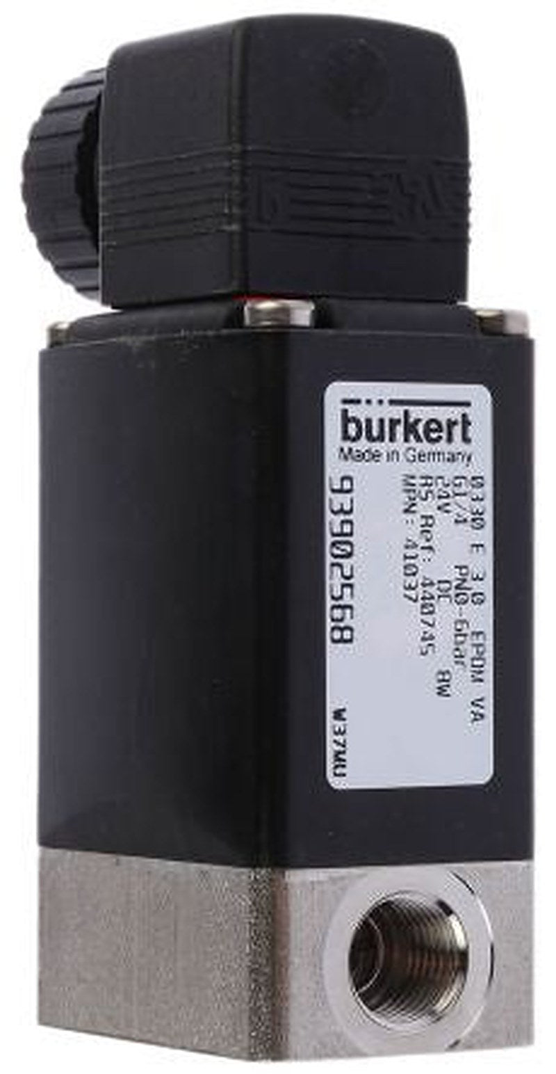 Burkert Solenoid Valve 041037, 3 Port, NO/NC, 24V dc 1/4 in G, 6.35 mm