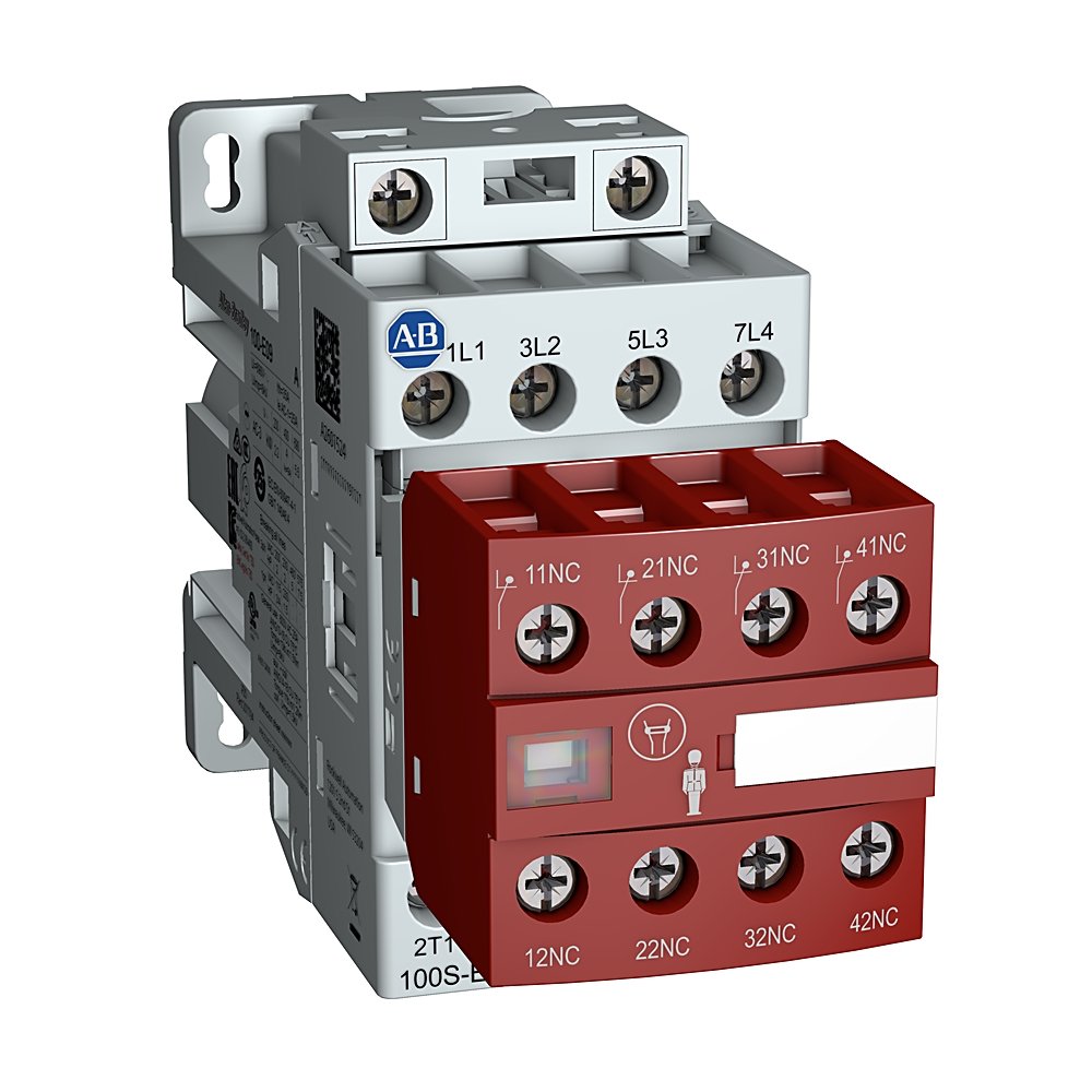 100S-E MCS-E Safety Contactor, 16A, AC3 duty, 24V DC Electronic Coil (low consumption, fast drop out), 0 N.O. 0 N.C. Standard & 0 N.O. 4 N.C. Lower Power Auxiliary Contacts