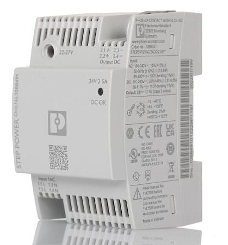 Phoenix Contact STEP POWER Power Supply DIN Rail Power Supply 250V ac AC Input 24V dc, 2.5 A Output DC 60 W