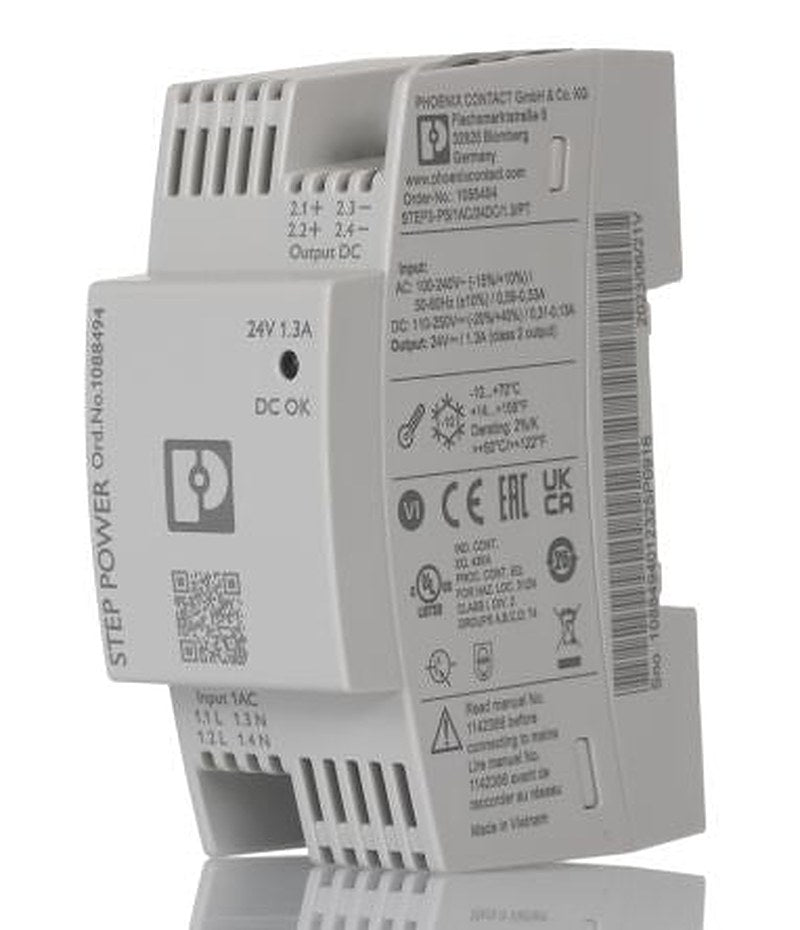Phoenix Contact STEP POWER Switched Mode DIN Rail Power Supply 250V ac AC Input 24V dc, 1.3 A Output DC 30 W