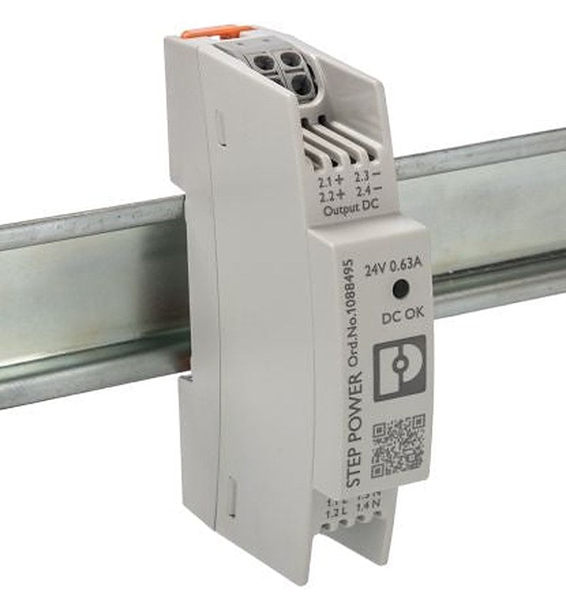 Phoenix Contact STEP POWER Switched Mode DIN Rail Power Supply 250V ac AC Input 24V dc, 630 mA Output DC 15 W