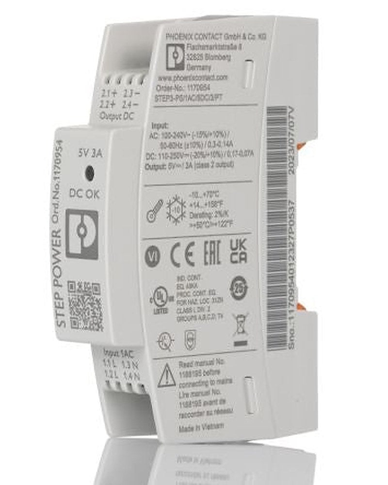 Phoenix Contact STEP POWER Switched Mode DIN Rail Power Supply 240V ac AC Input 5V dc, 3 A Output DC 15 W