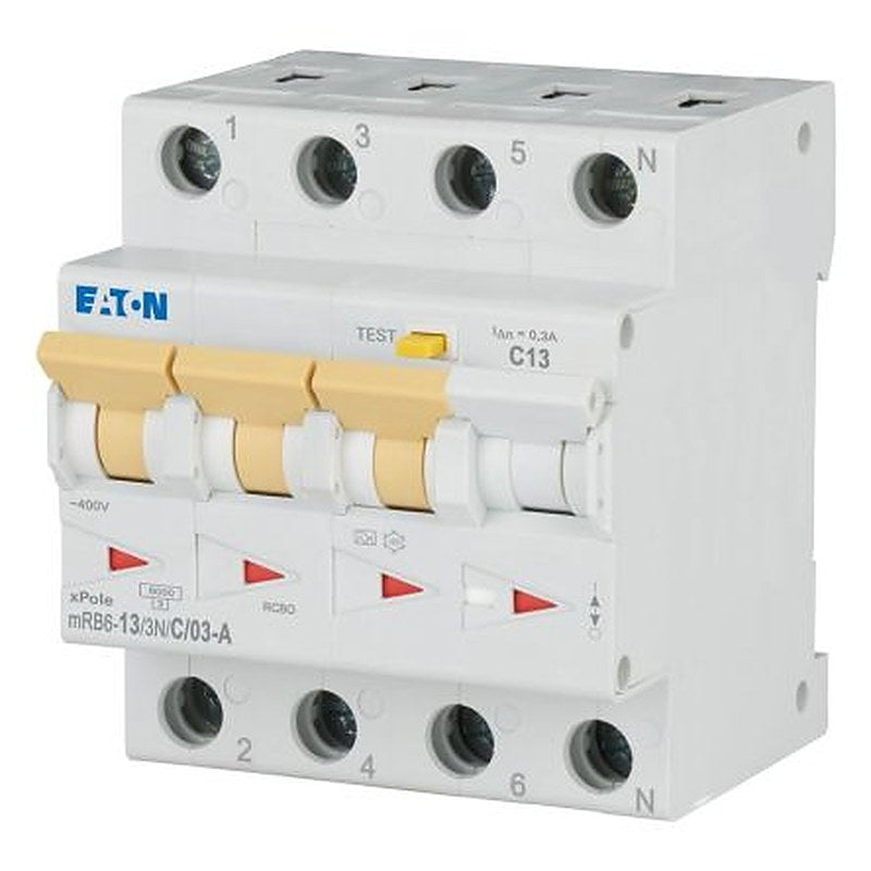 Eaton Residual Current Circuit Breaker with Overload Protection, 13A Current Rating, 3+N-Pole, 300 mA Trip Sensitivity,