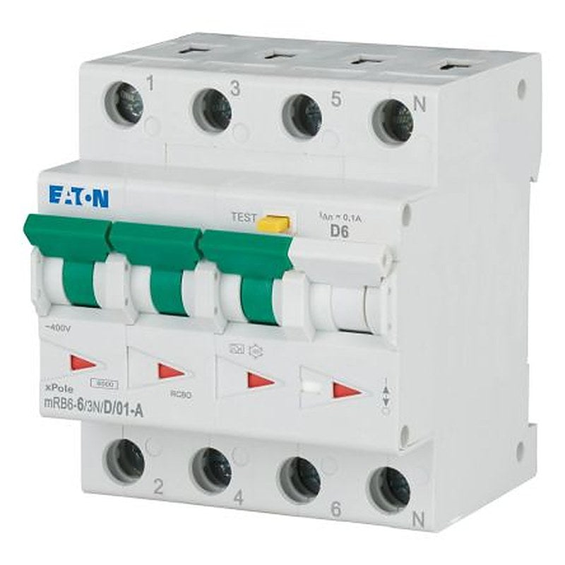 Eaton Residual Current Circuit Breaker with Overload Protection, 6A Current Rating, 3+N-Pole, 100 mA Trip Sensitivity,