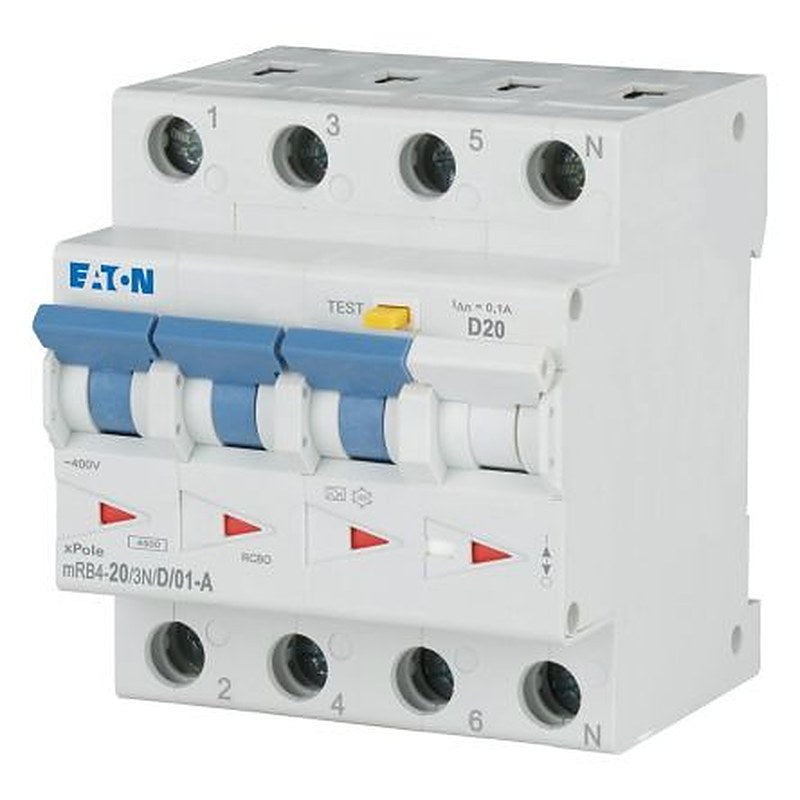 Eaton Residual Current Circuit Breaker with Overload Protection, 20A Current Rating, 3+N-Pole, 100 mA Trip Sensitivity,