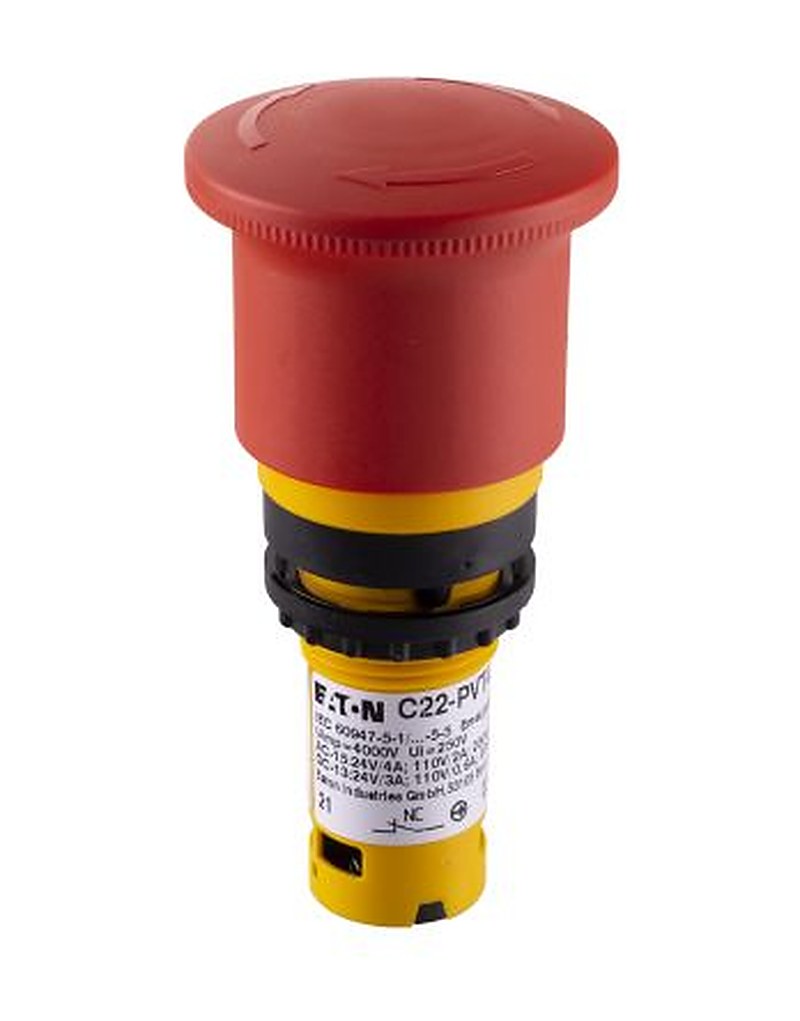 Eaton C22-PVT Series Twist Release Emergency Stop Push Button, Panel Mount, 22 mm Cutout, 2 NC, IP66, IP67, IP69