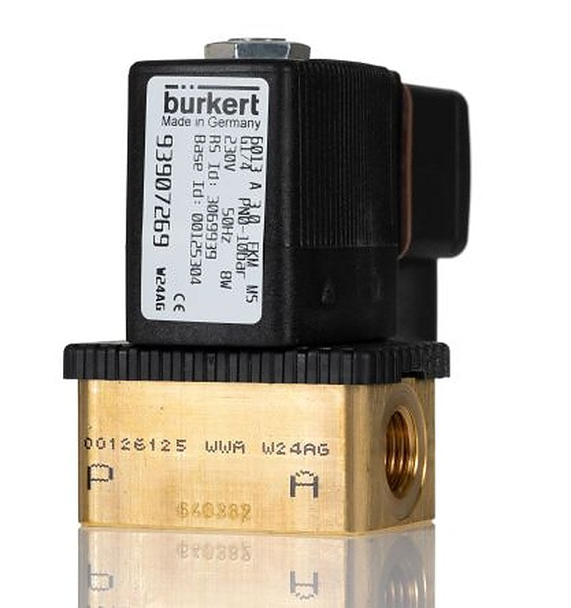 Burkert Solenoid Valve 125304, 2 Port, NC, 230V ac 6.35 mm, 6.35 mm