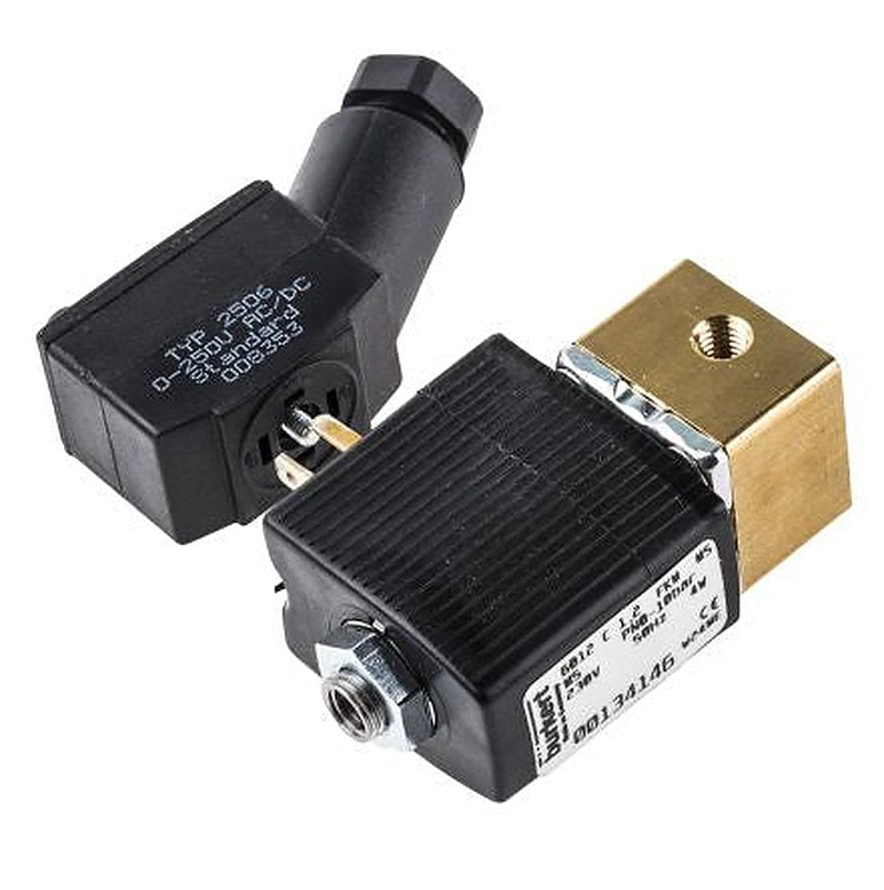 Burkert Solenoid Valve 134146, 3 Port, NC, 230V ac 127 mm