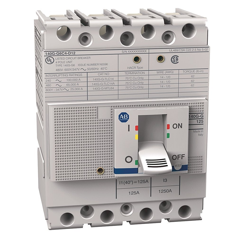 140G - Molded Case Circuit Breaker, G frame, 65 kA Interrupt Rating, T/M - Thermal Magnetic, 4 Poles, Rated Current 125 A