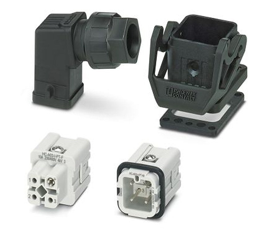Phoenix Contact kit contents: 2 Contact Insert, 2 Housing, HC-STA, Heavy Duty Power Connector Kit, 3 Way, 10A