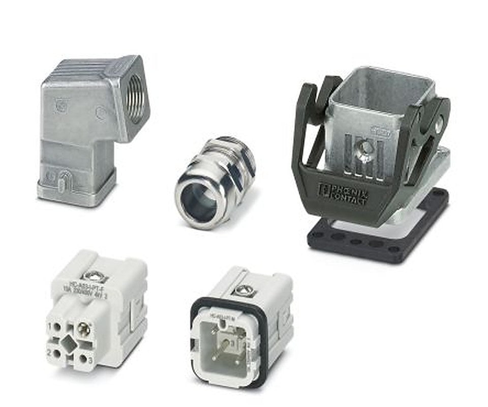 Phoenix Contact kit contents: 2 Contact Insert, 2 Housing, Cable Gland, HC-STA, Heavy Duty Power Connector Kit, 3 Way,