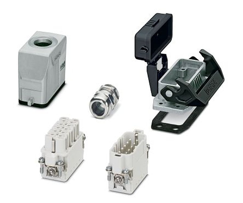 Phoenix Contact kit contents: 2 Contact Insert, 2 Housing, Cable Gland, HC-STA, Heavy Duty Power Connector Kit, 10 Way,
