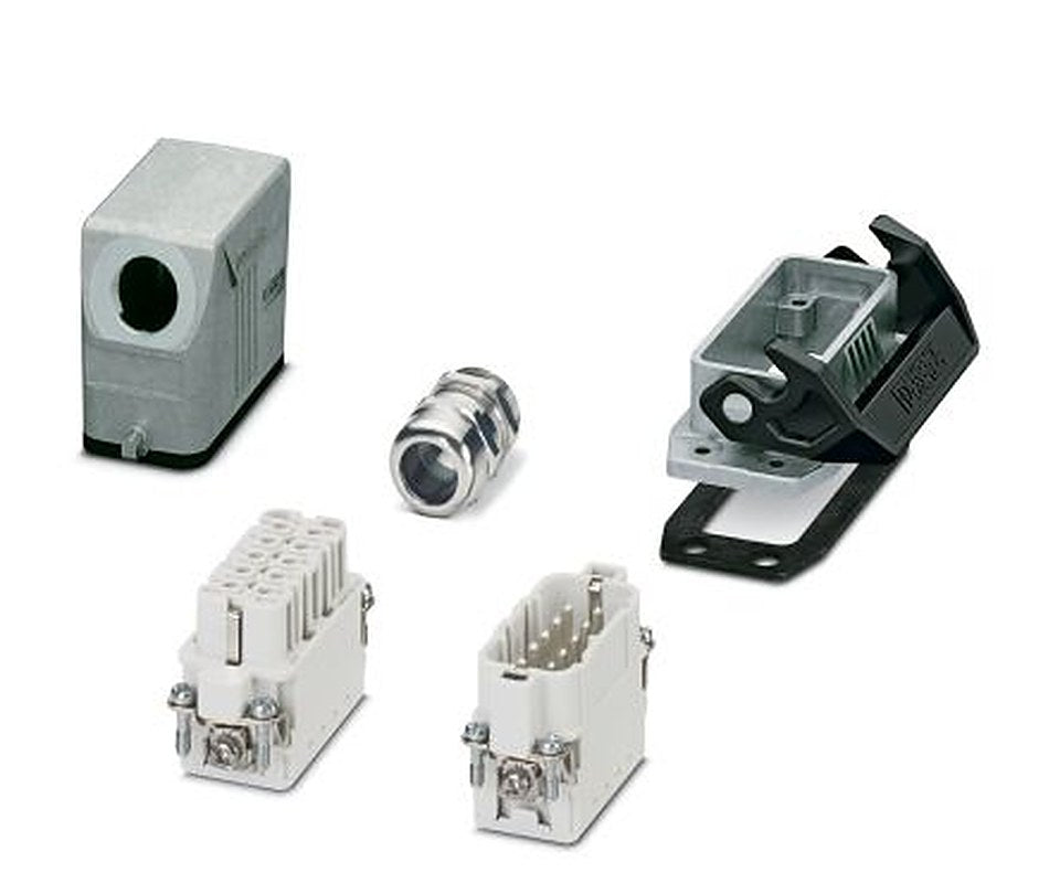 Phoenix Contact kit contents: Cable Gland, 2 Contact Insert, 2 Housing, HC-STA, Heavy Duty Power Connector Kit, 10 Way,