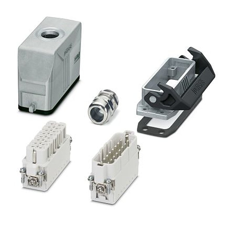 Phoenix Contact kit contents: 2 Housing, Cable Gland, 2 Contact Insert, HC-STA, Heavy Duty Power Connector Kit, 16 Way,