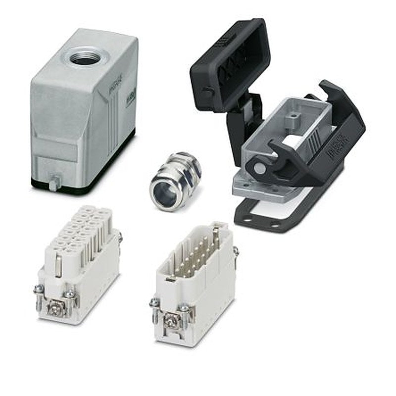 Phoenix Contact kit contents: Cable Gland, 2 Housing, 2 Contact Insert, HC-STA, Heavy Duty Power Connector Kit, 16 Way,