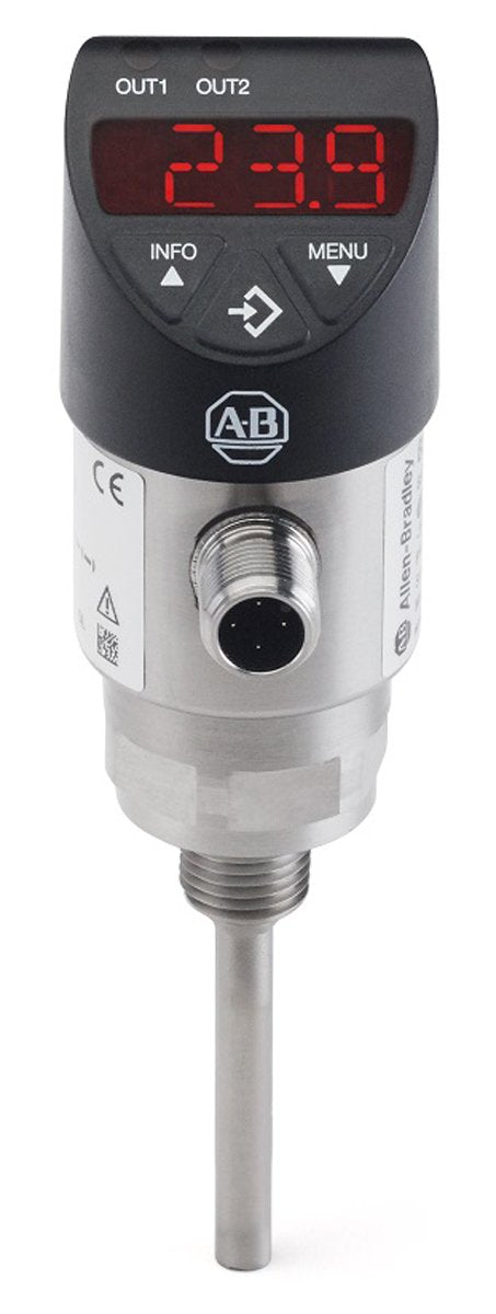 Allen Bradley 837T Series Solid State Temperature Sensors Allen-Bradley 837T solid-state temperature sensors offer a high-accuracy comprehensive solution for measuring temperatures in liquids, gases and vapours. The 837T display model has temperature measurement ranges from -20°C to 80°C and features IO-Link communications protocol. IO-Link allows sensors to easily integrate with the connected enterprise, delivering data from the sensor directly into a control system in an easy-to-use manner. Easy on-machin