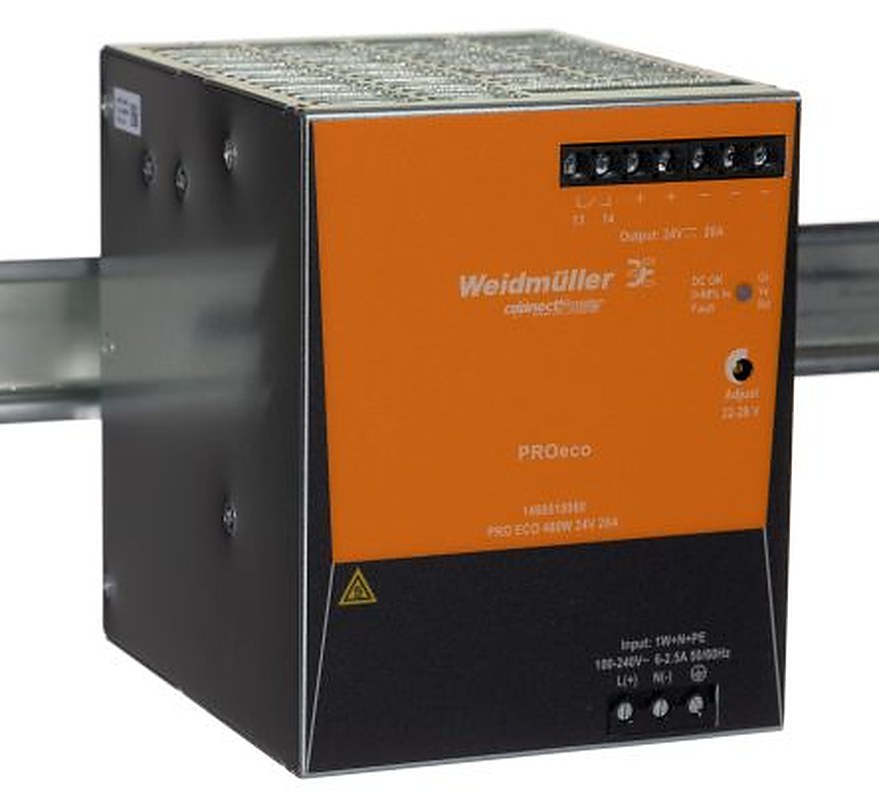 Weidmüller PROeco Switched Mode DIN Rail Power Supply 370 V dc, 264V ac AC/DC Input 28V dc, 20 A Output DC 480 W