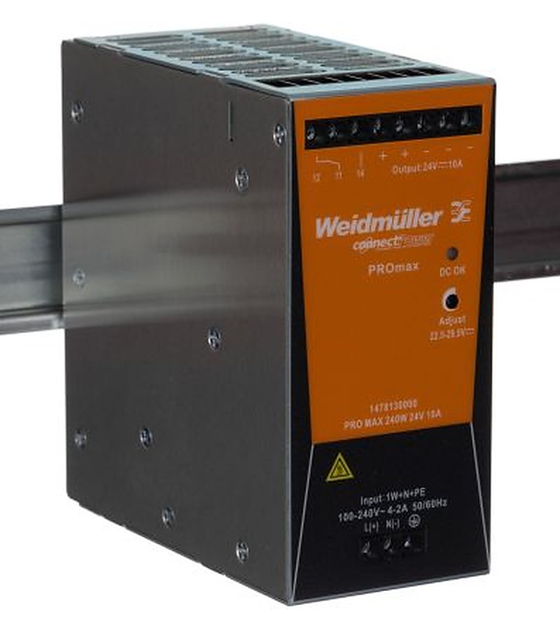 Weidmüller PRO Max Switched Mode DIN Rail Power Supply 370 V dc, 277V ac AC/DC Input 28V dc, 10 A Output DC 240 W