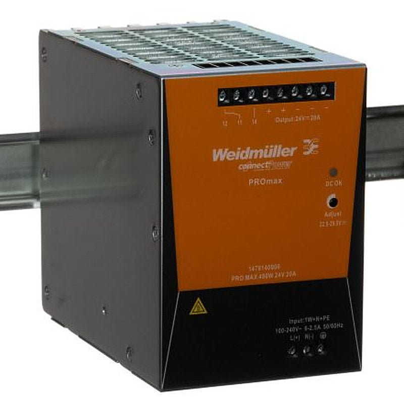 Weidmüller PRO Max Switched Mode DIN Rail Power Supply 370 V dc, 277V ac AC/DC Input 28V dc, 20 A Output DC 480 W