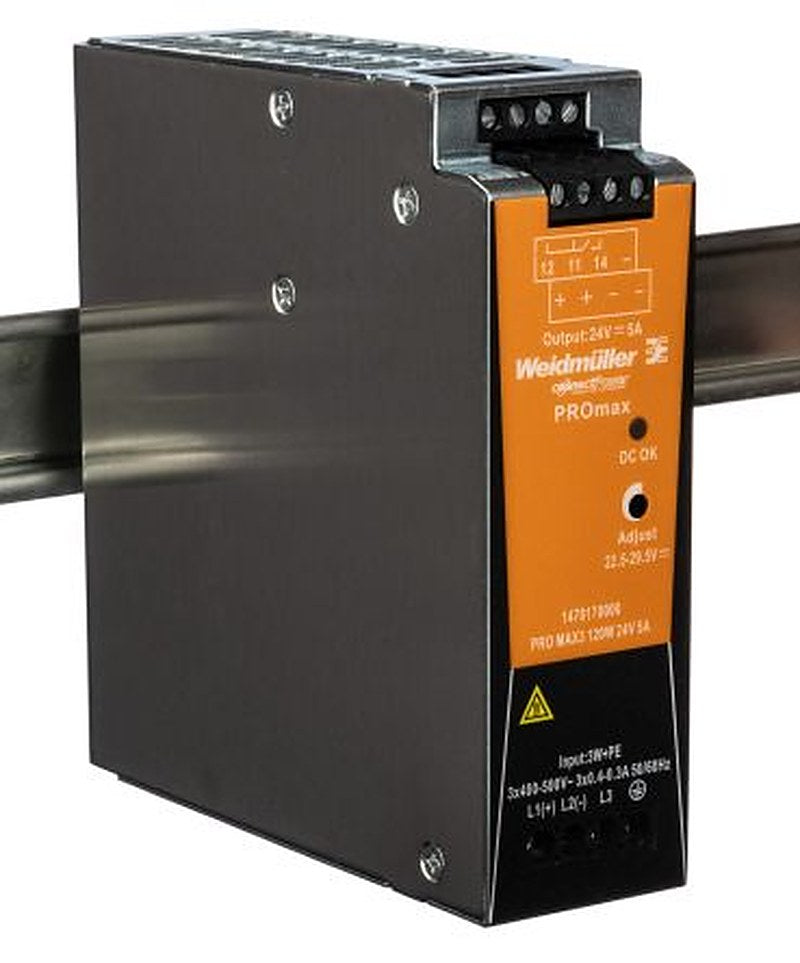 Weidmüller PRO Max Switched Mode DIN Rail Power Supply 800 V dc, 575V ac AC/DC Input 28V dc, 5 A Output DC 120 W