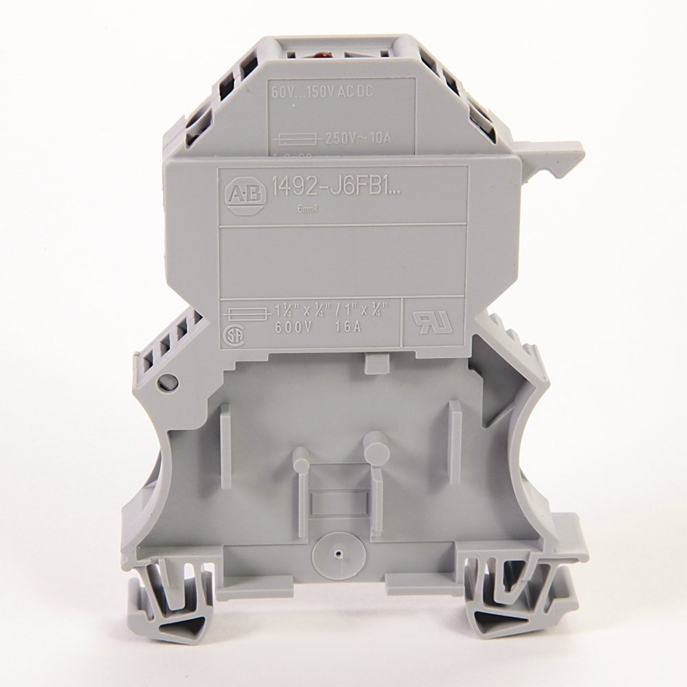 1492-J IEC Terminal Block, One-Circuit Fuse Block (1/4 x 1 1/4" Fuses), 6 mm (# 22 AWG - # 10 AWG), With or Without Fuse Indication, Gray (Standard),