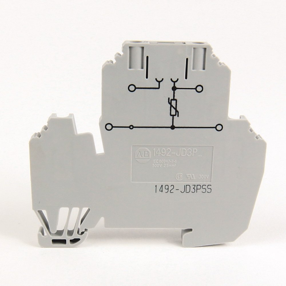 1492-J IEC Terminal Block, Two-Circuit Feed-Through Block, 2.5 mm (# 24 AWG - # 12 AWG), Selectable component plug-in device with internal surge suppression, Gray (Standard),