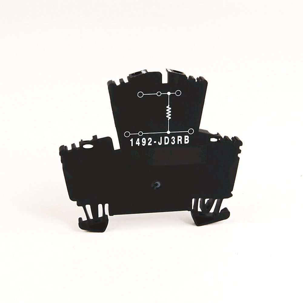 1492-J IEC Terminal Block, Two-Circuit Feed-Through Block, 2.5 mm (# 24 AWG - # 12 AWG), Two level block with a selectable resistor value between the 2 levels, Black (Standard), 510 Ohm Resistance