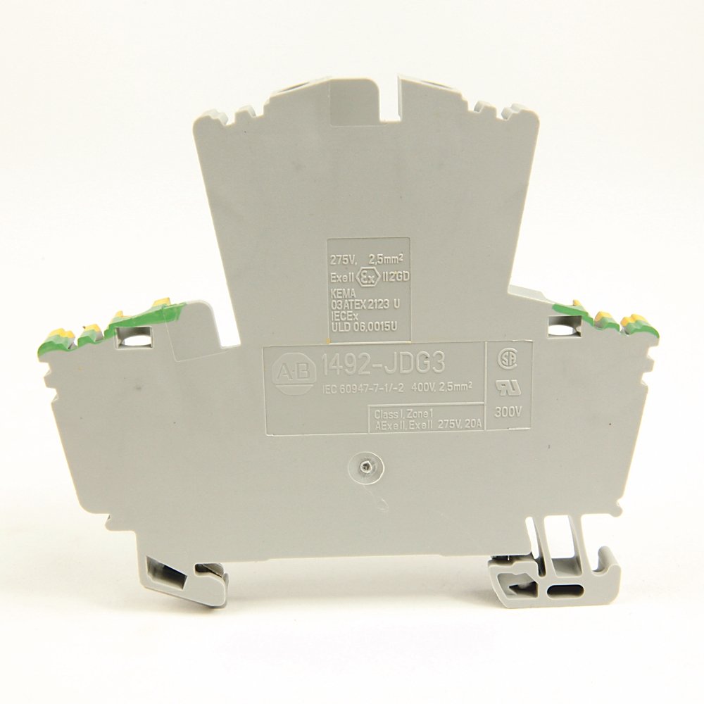 1492-J IEC Terminal Block, Three-Circuit Block with 2 Feed-Through, and 1 Ground Connection for Installation, 2.5 mm (# 22 AWG - # 14 AWG), Installation, Gray (Standard),