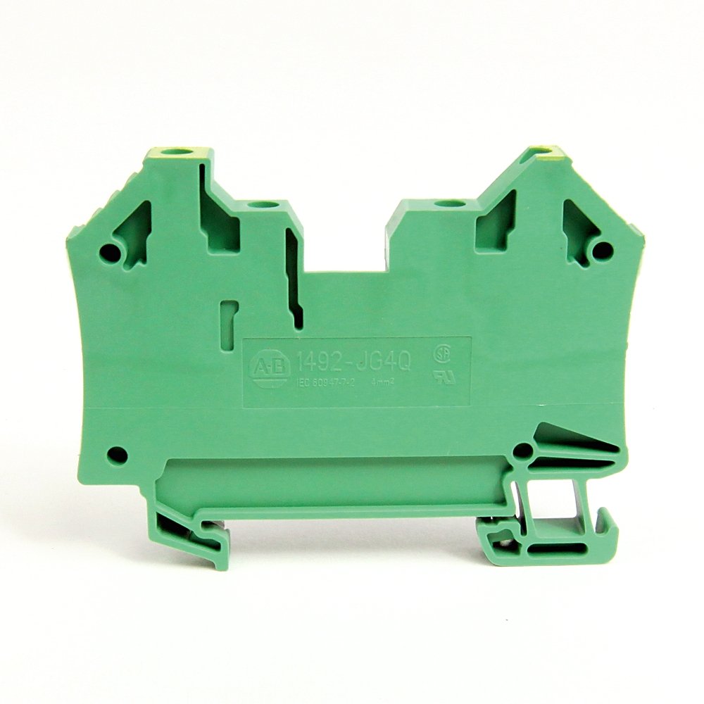 1492-J IEC Terminal Block, One-Circuit Feed-Through Ground Block, 4 mm (# 30 AWG - # 10 AWG), 2 Connection points on each side, Green / Yellow Stripe (Standard),