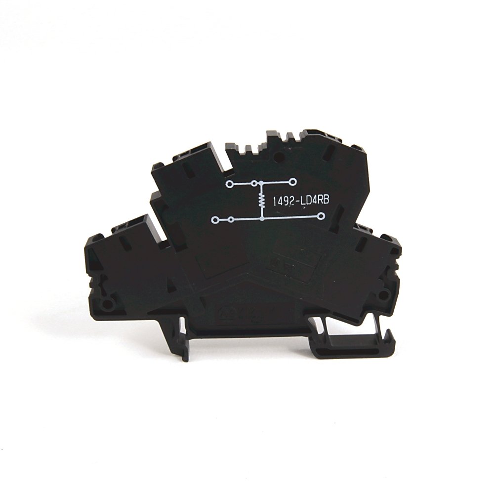 Spring Clamp Terminal Block,Two-Circuit Feed-Through Block,4 mm (# 22 AWG - # 10 AWG) or 2.5 mm (# 22 AWG - # 12 AWG),Two level block with a selectable metal oxide film resistor value between the 2 levels,Black (Standard),8200 Ohm Resistance